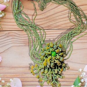 STATEMENT NECKLACE Multi Strand Seed Bead Green Flower Focal of Matching Beads